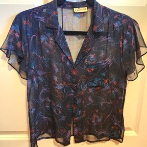 Vintage Women's Sheer Floral Top - Dark Navy